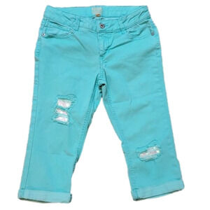 True Craft Denim Distressed Capris Tourquoise Green Girls Size 12